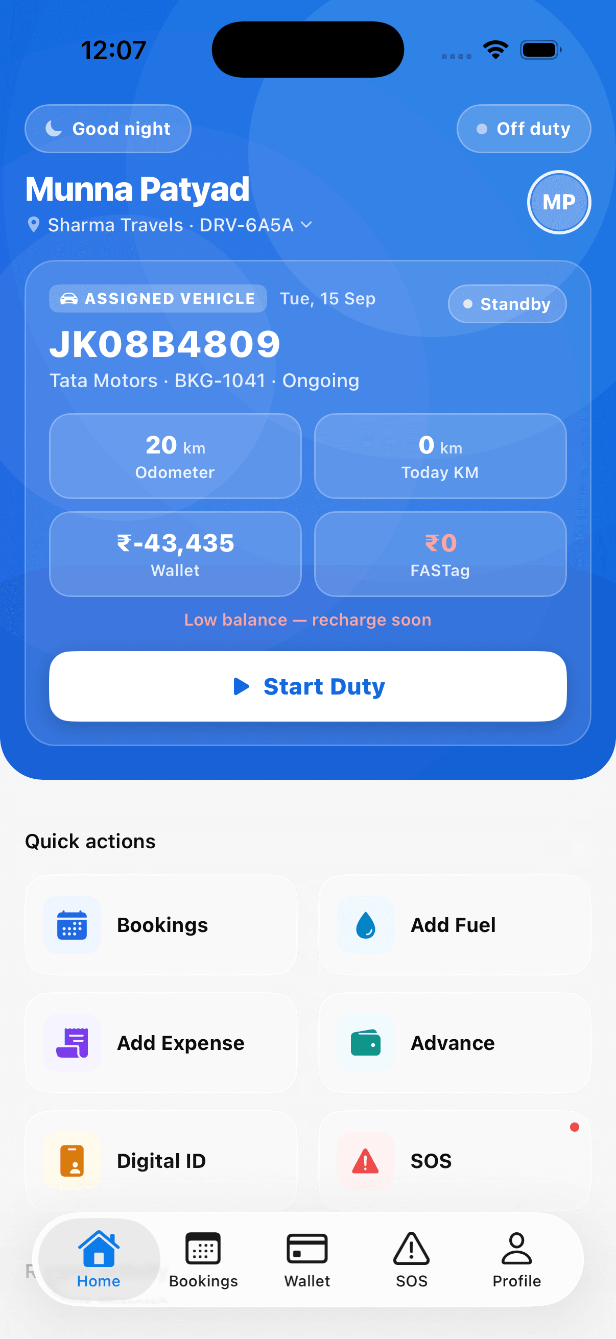 KABPRO driver app home screen showing assigned vehicle, odometer, wallet and FASTag balance with a Start Duty button